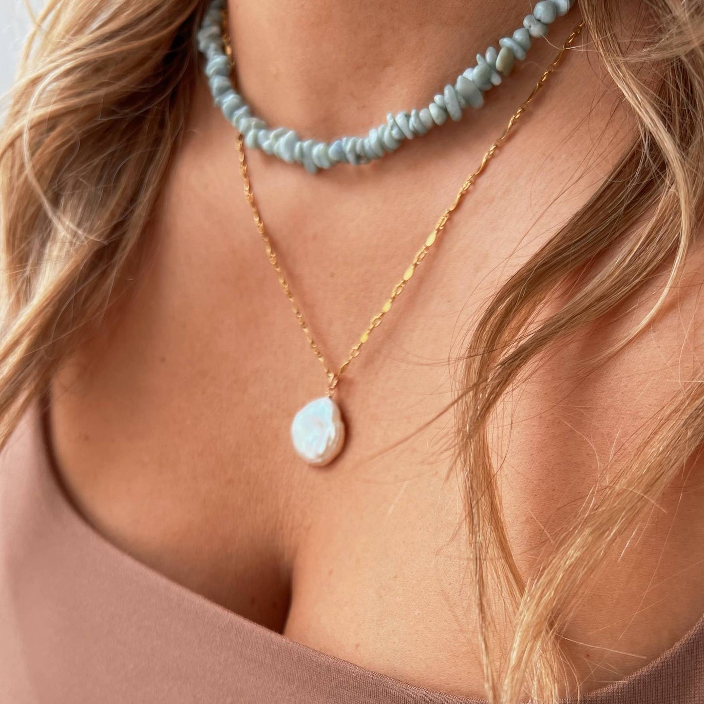 Sanibel Larimar Beaded Necklace Gold Filled