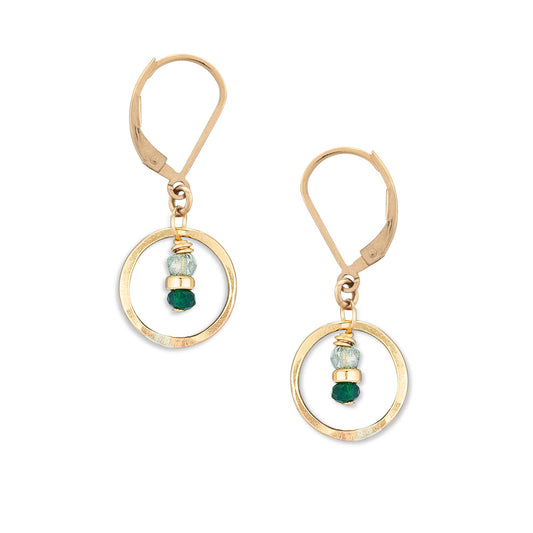 Seedling Tiny Circle Earrings| Gold | Leaf Green Crystals