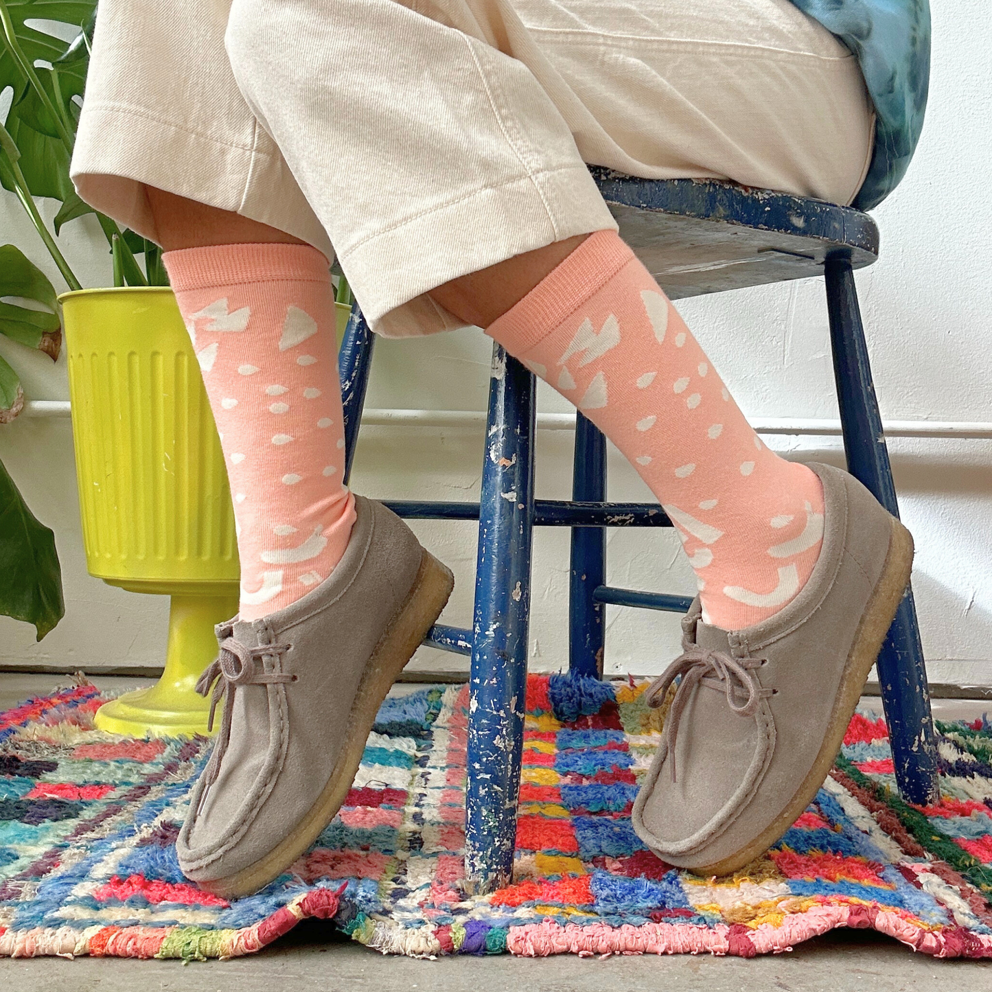 Crew Socks | Dashes & Moons in Coral & Natural