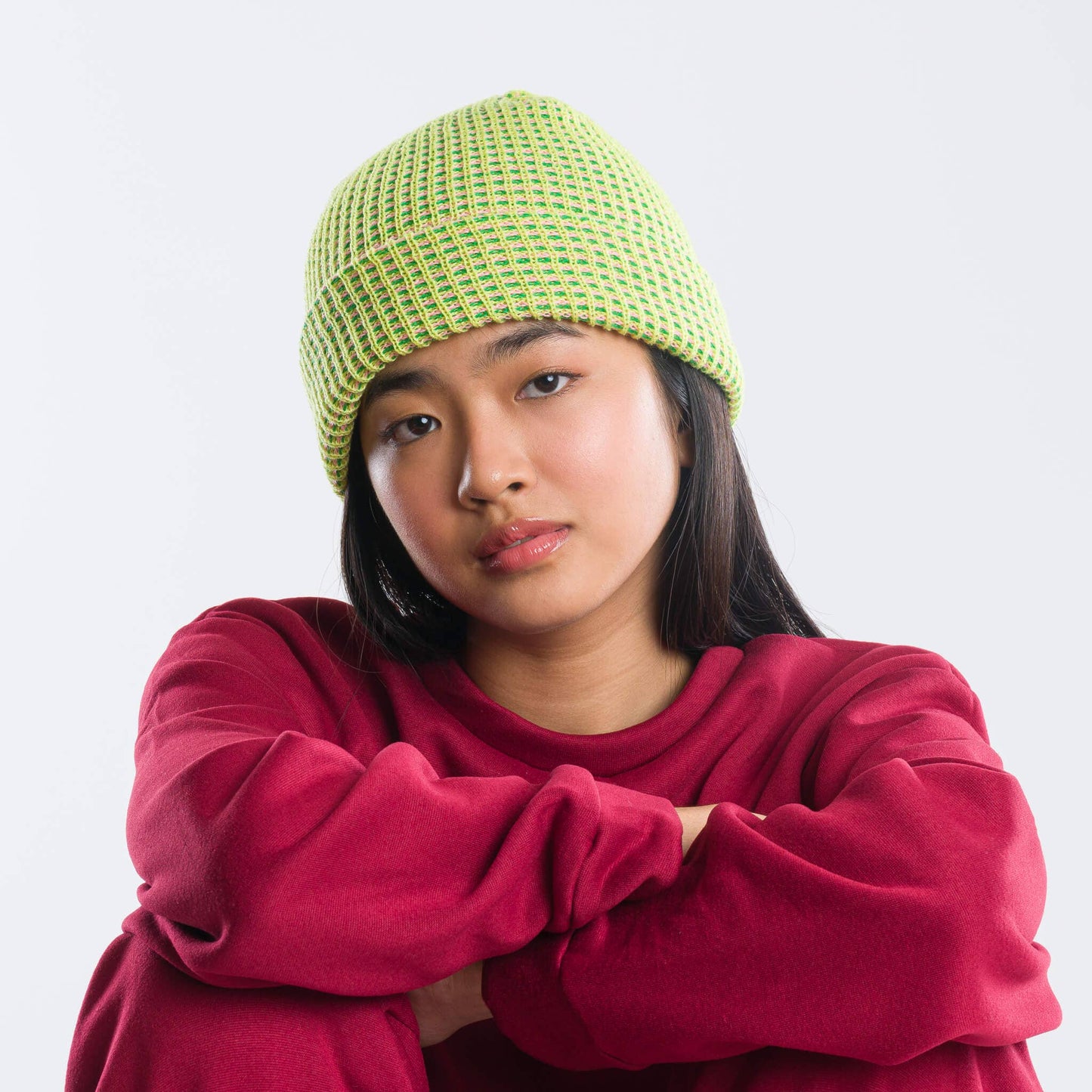 Simple Grid Knit Beanie | Wine Red