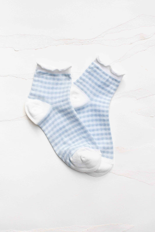 Pastel Gingham Ruffle Ankle Socks: Blue