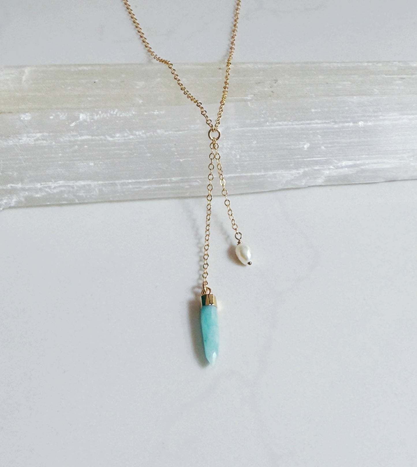Amazonite and pearl lariat necklace 