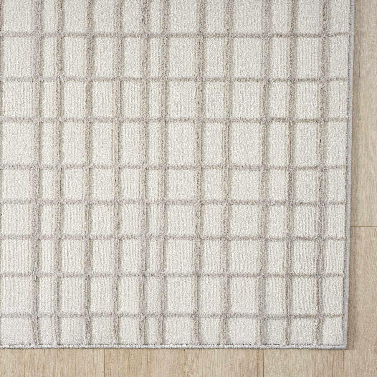 Abani Plush Deco Machine Washable Ivory Taupe Grid Rug: 4' x 6'