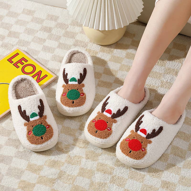 Reindeer Illustrated Soft Fluffy Comfy Warm House Slipper: Red / Small