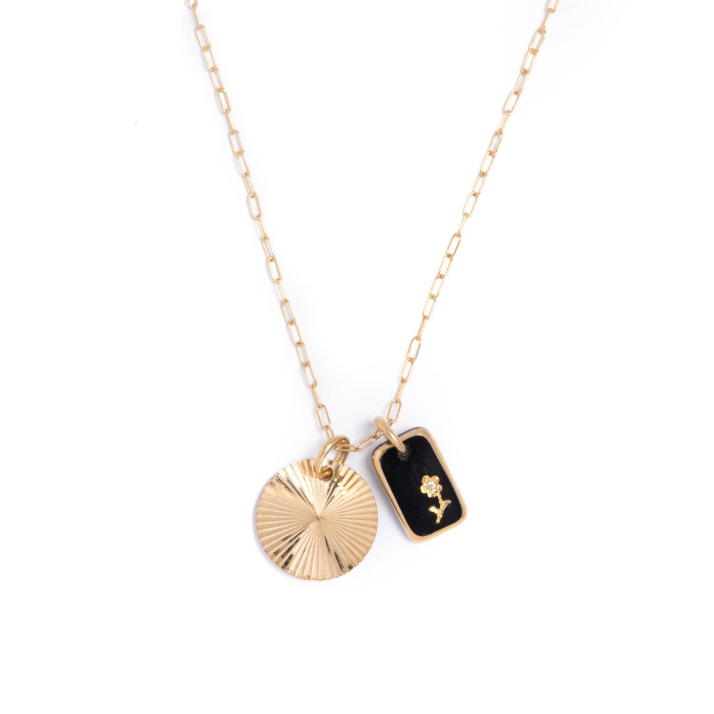Black Glass & Sunburst Charm Necklace | 18"