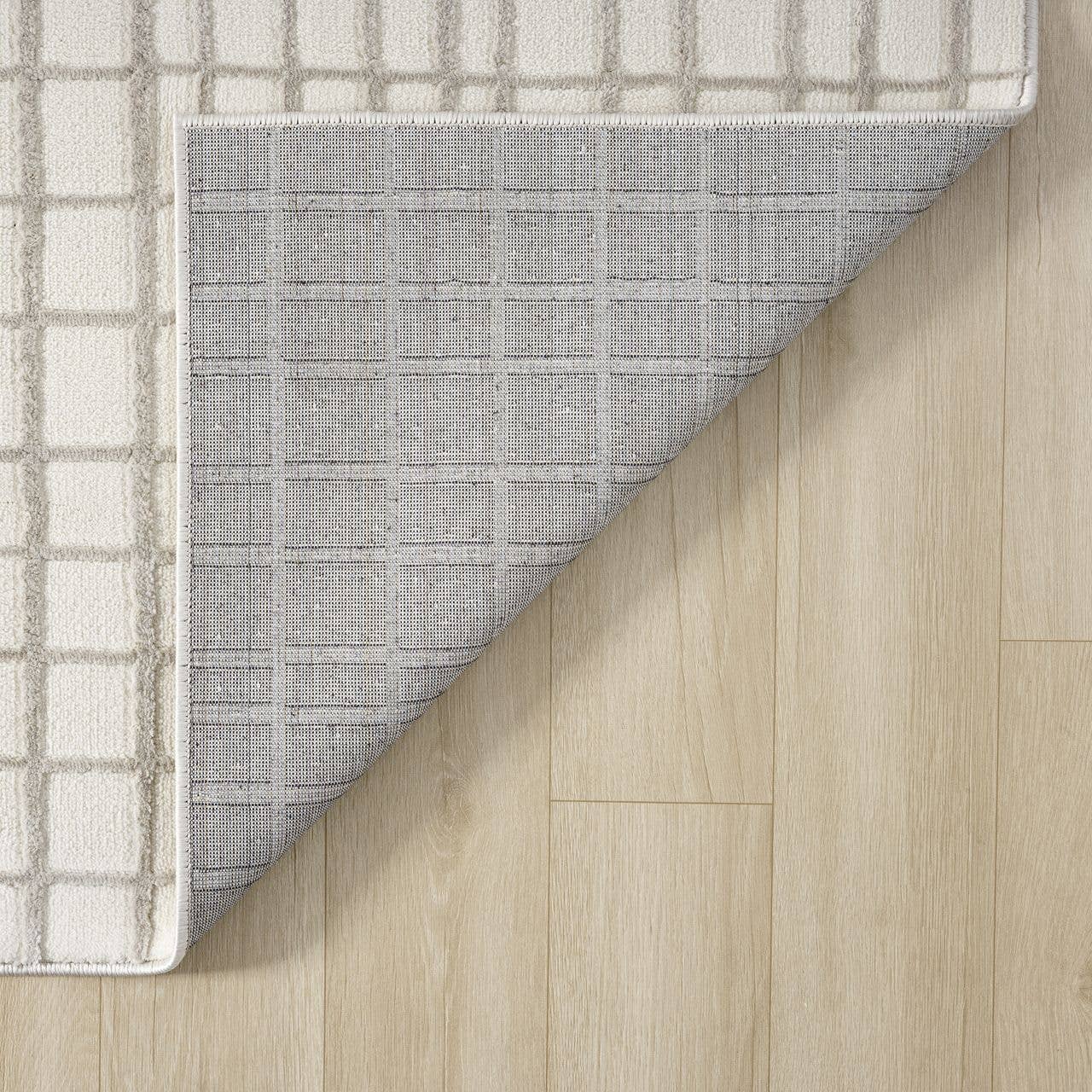Abani Plush Deco Machine Washable Ivory Taupe Grid Rug: 4' x 6'