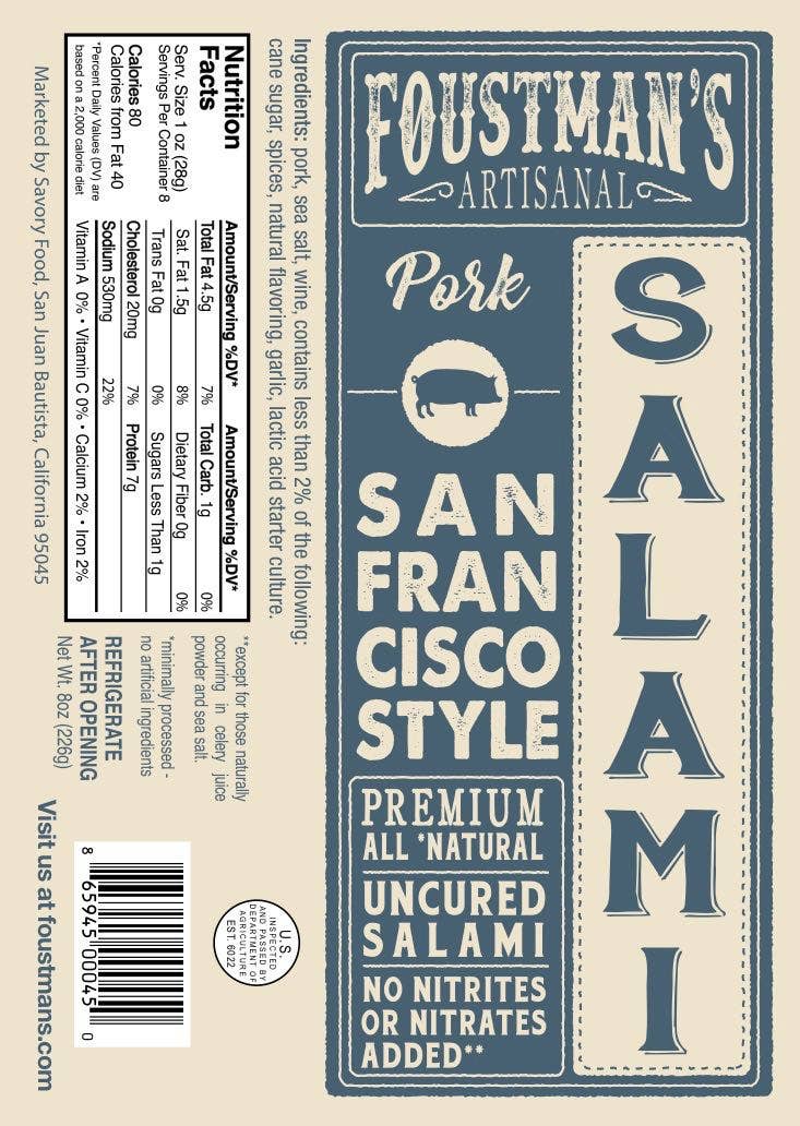 Foustman's Uncured Salami | Pork San Francisco Style 8oz