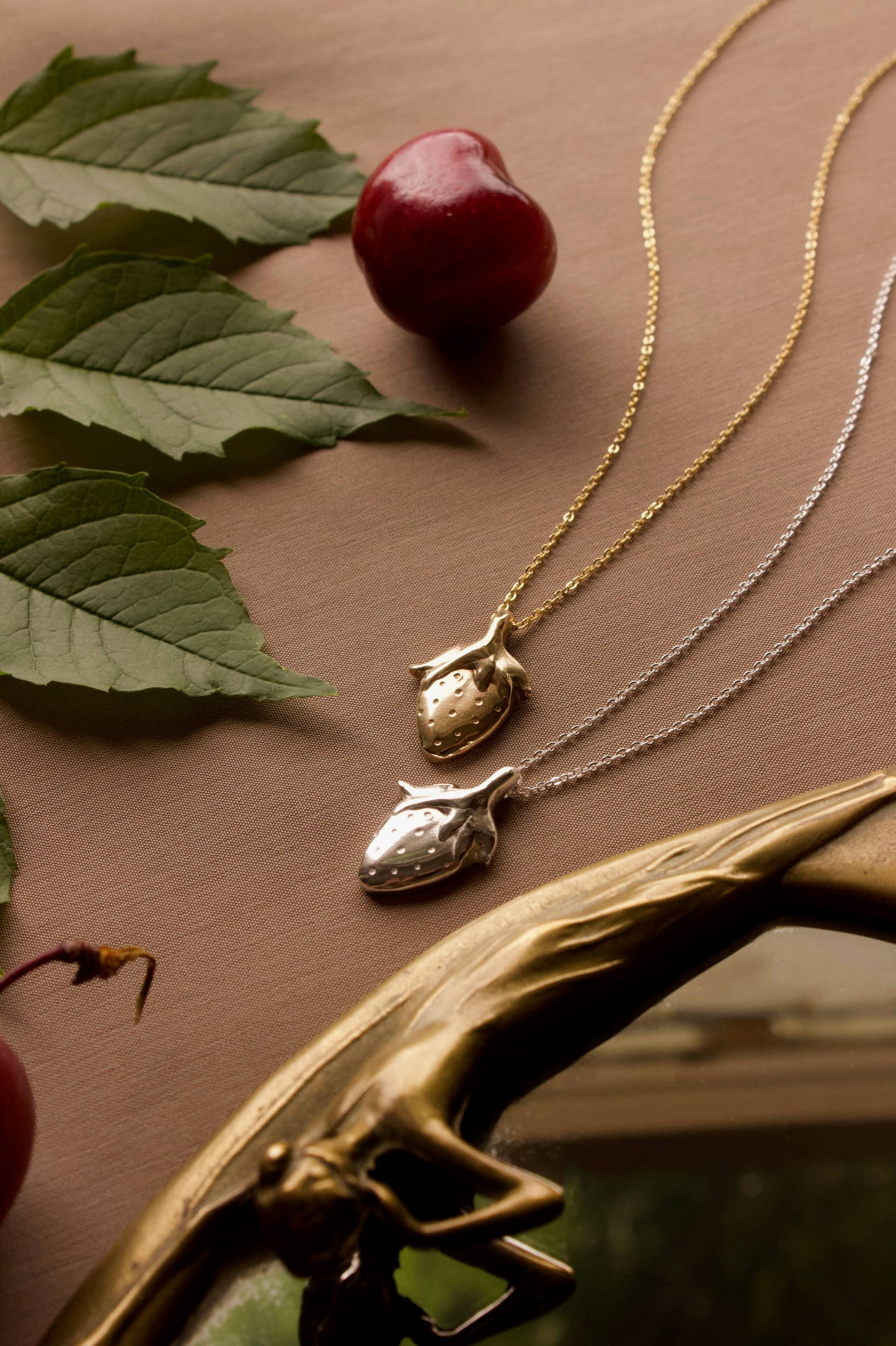 Strawberry Pendant Necklace, Layering, Fruit Jewelry, Cute : 14K Gold-Fill 16.5" / Shiny Yellow Bronze