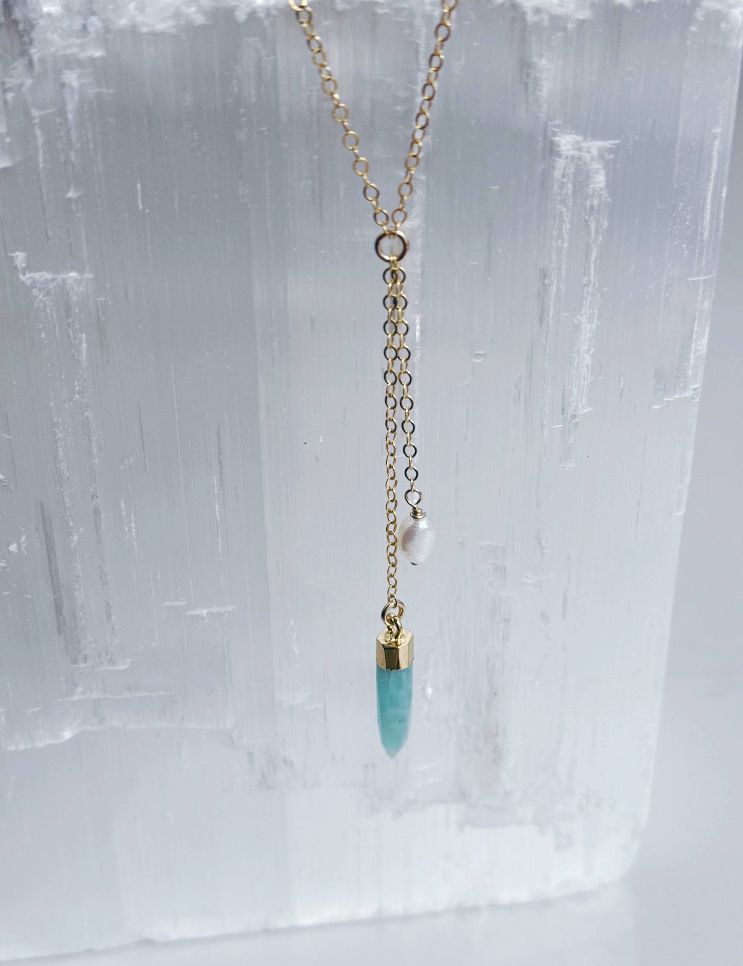 Amazonite and pearl lariat necklace 
