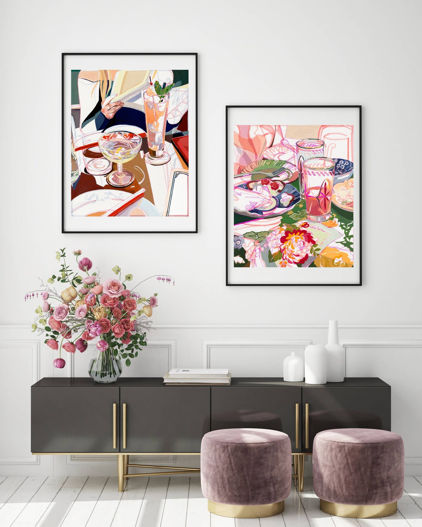 "Brunch Party" Pink Retro Still Life Signed Giclee Print: 11x14"