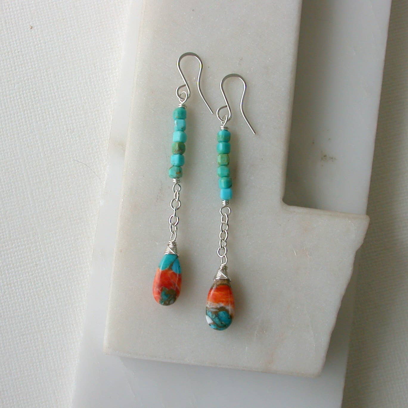 Linear Summer Dangle Earrings. Turquoise. Oyster Turquoise.: Sterling silver