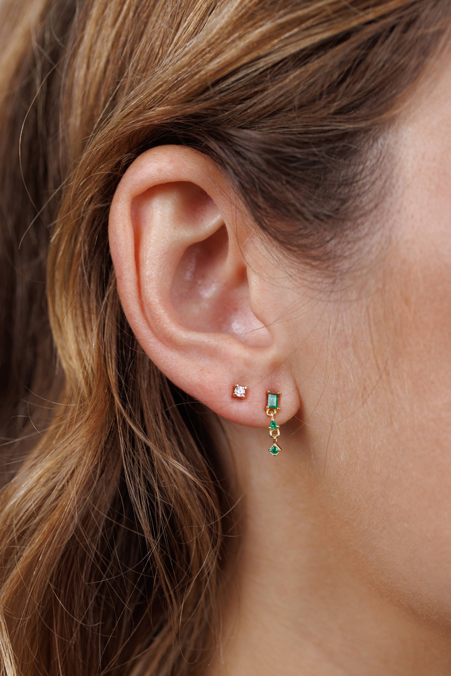 Mini Baguette Drop Earrings - Emerald