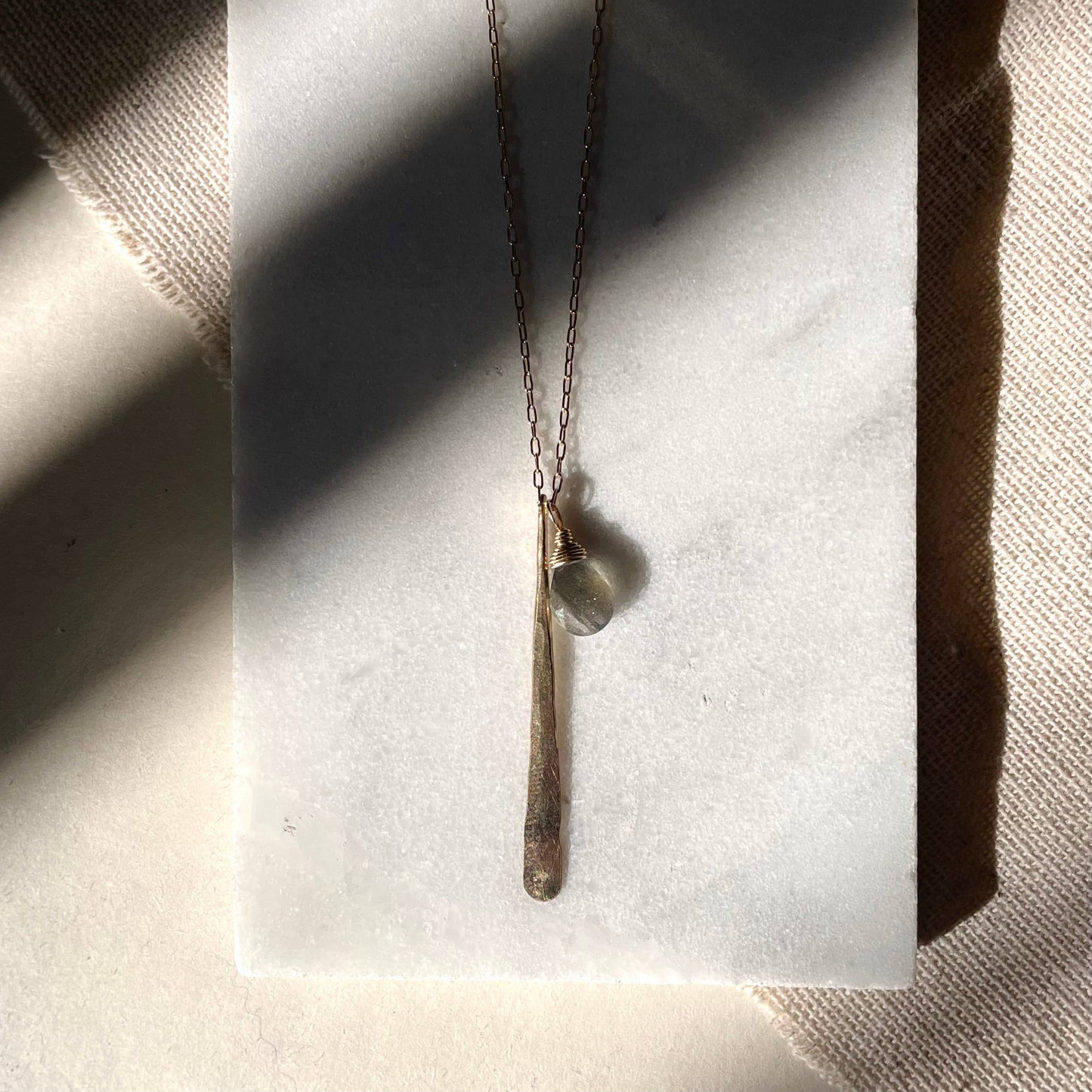 Hammered Stick and Stone Necklace: 14k Gold Fill / Pearl