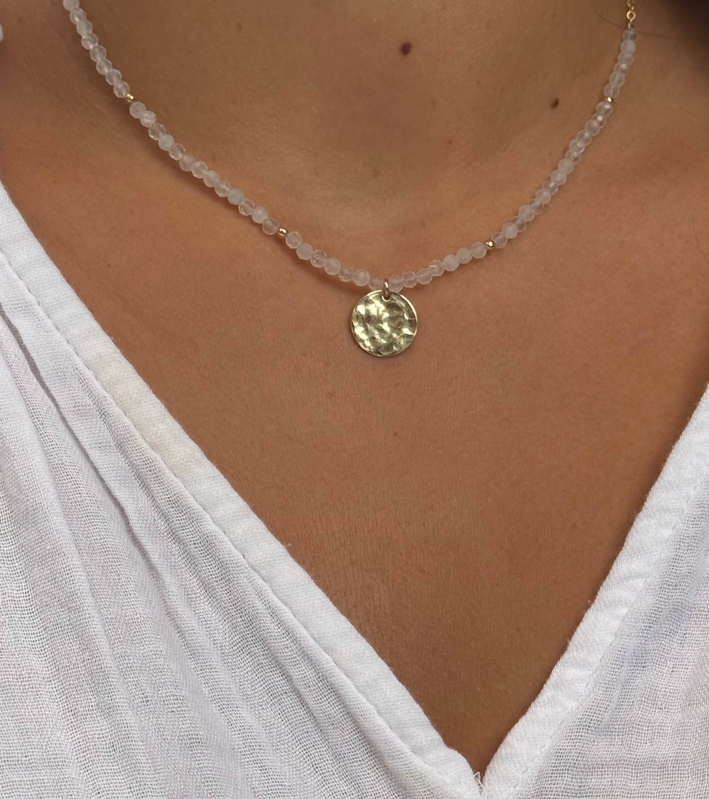 Moonstone and disk adjustable necklace : Gold Filled