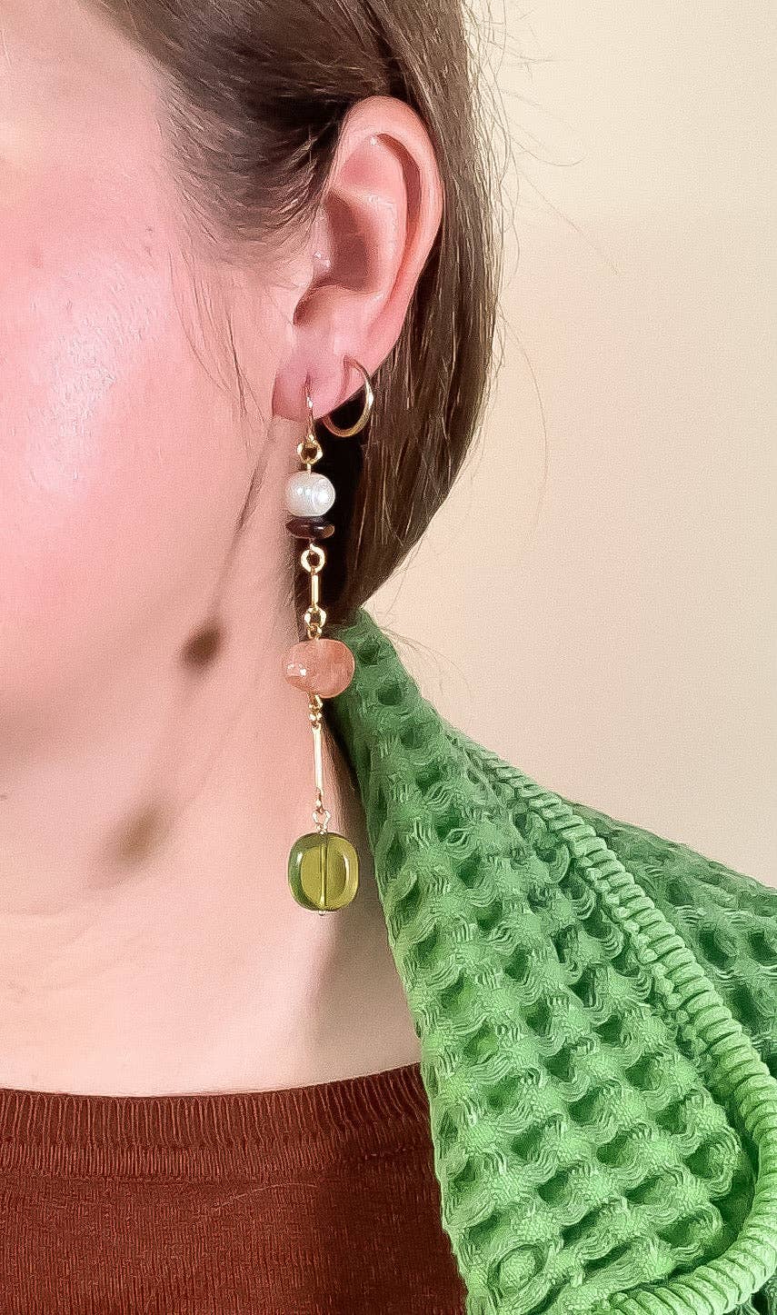 Composition Earrings | Sunstone, Pearl, Mahogany Obsidian, Glass