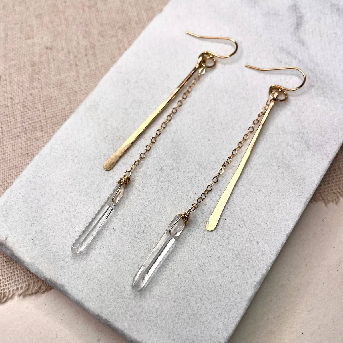 Hammered Stick and Quartz Earrings: Gold Filled