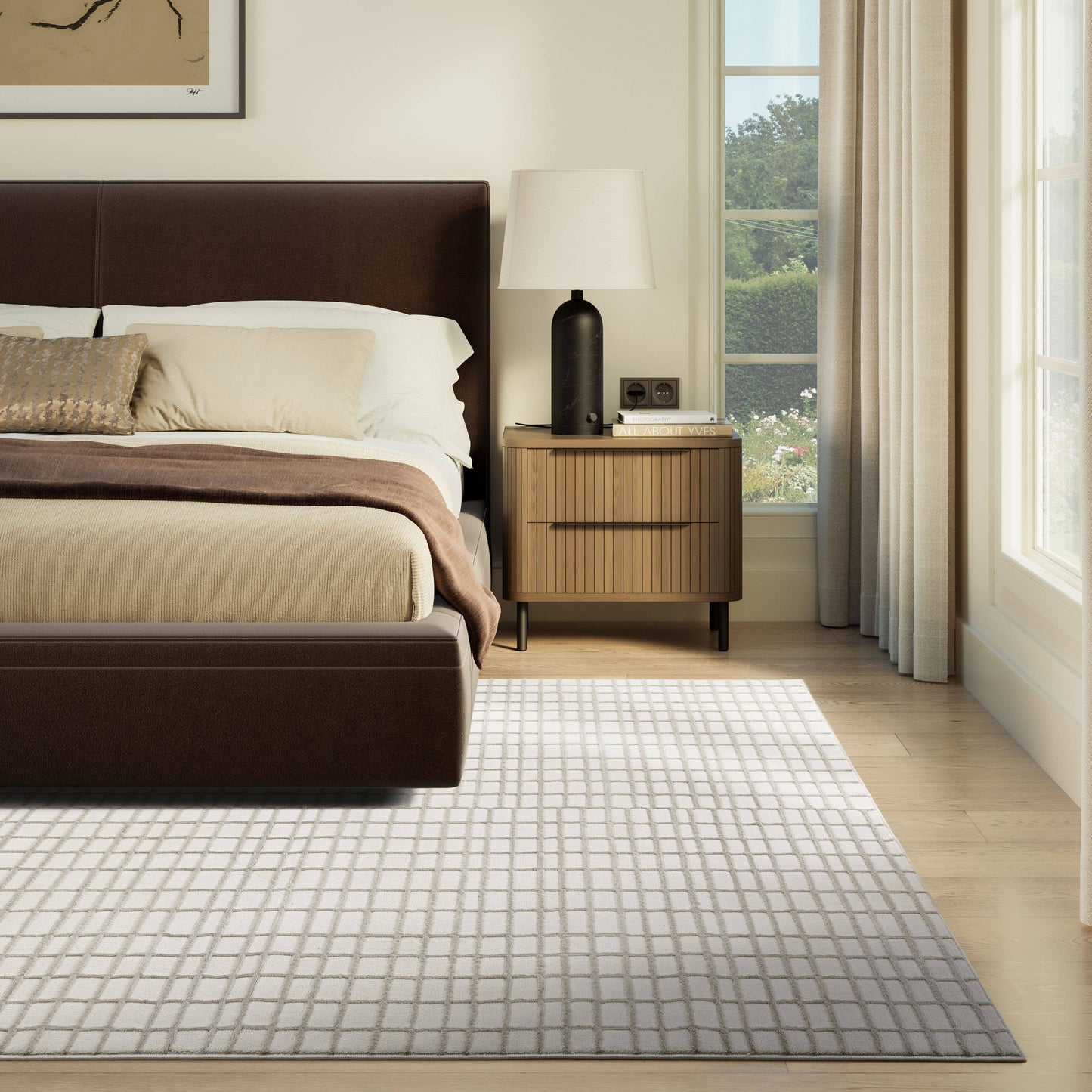 Abani Plush Deco Machine Washable Ivory Taupe Grid Rug: 4' x 6'