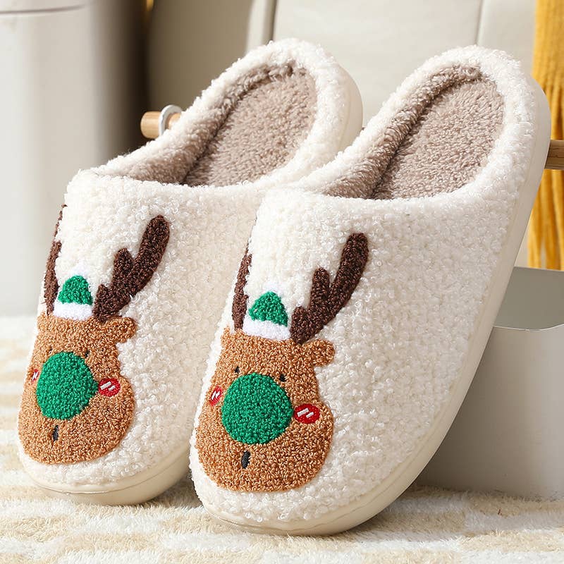 Reindeer Illustrated Soft Fluffy Comfy Warm House Slipper: Red / Small