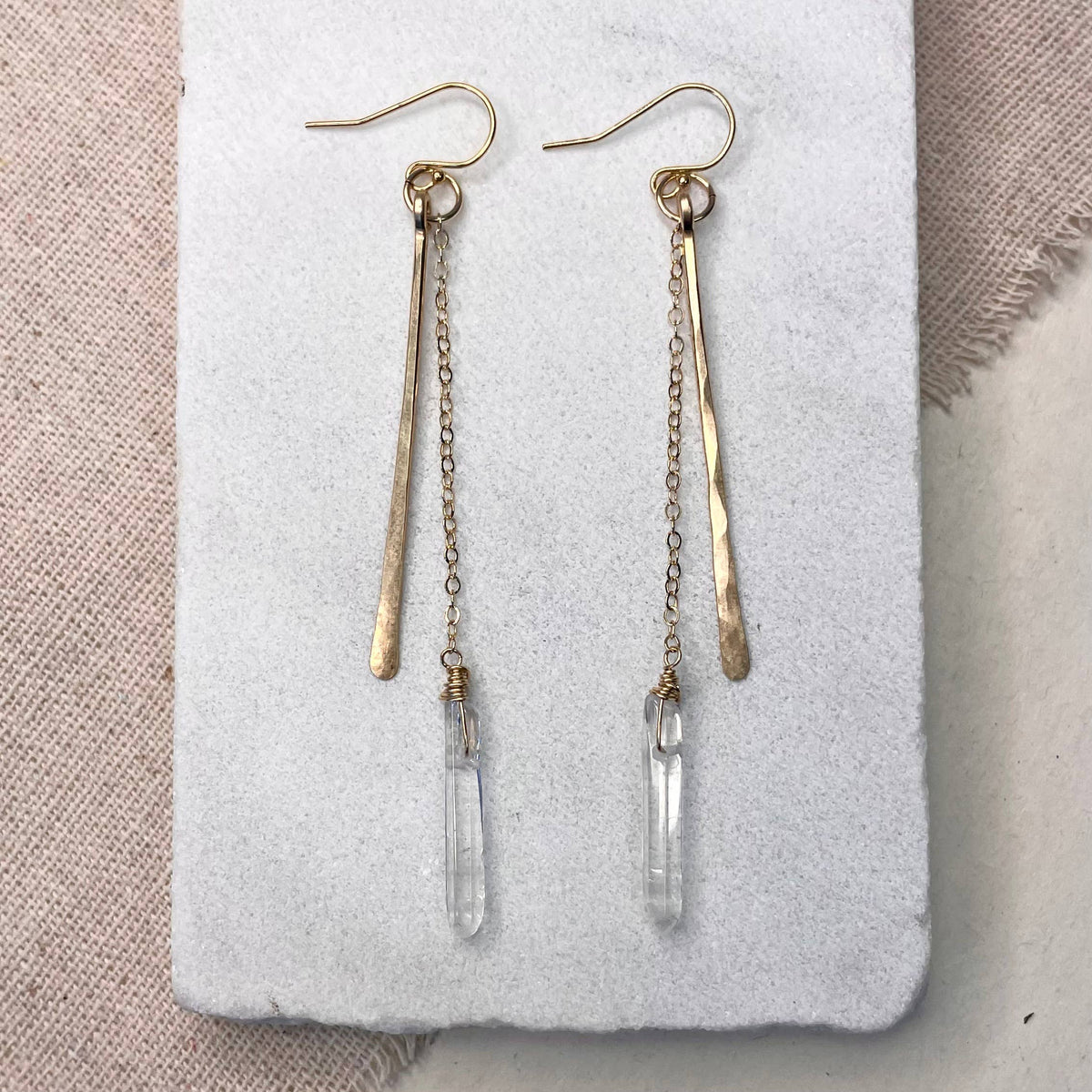 Hammered Stick and Quartz Earrings: Gold Filled