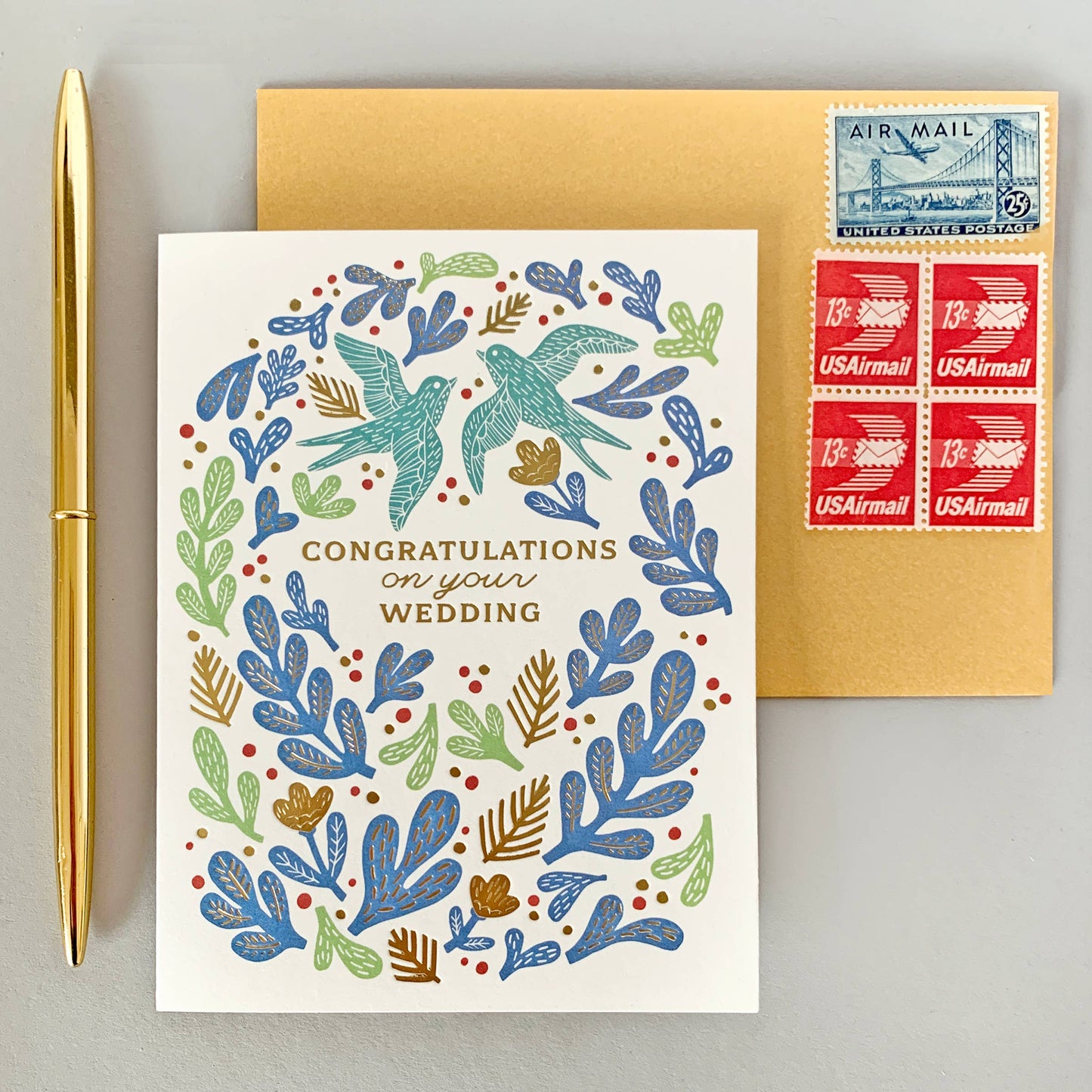 Bird Wedding Congratulations Card with Gold Foil