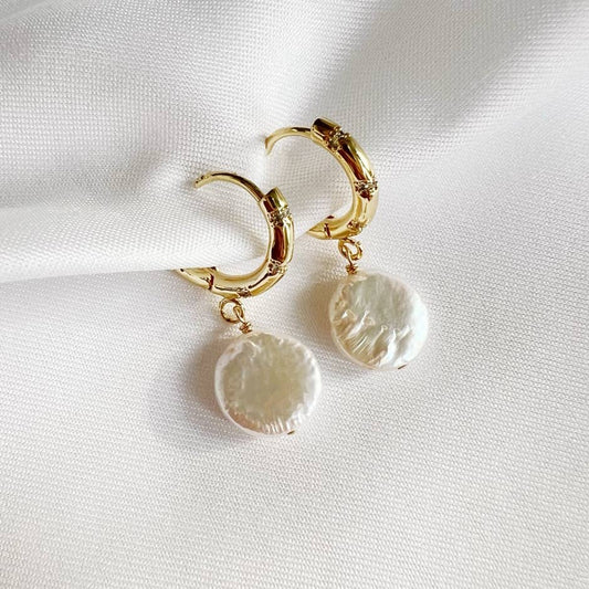 Lana Coin Freshwater Pearl Huggie Hoops Earrings Gold Filled