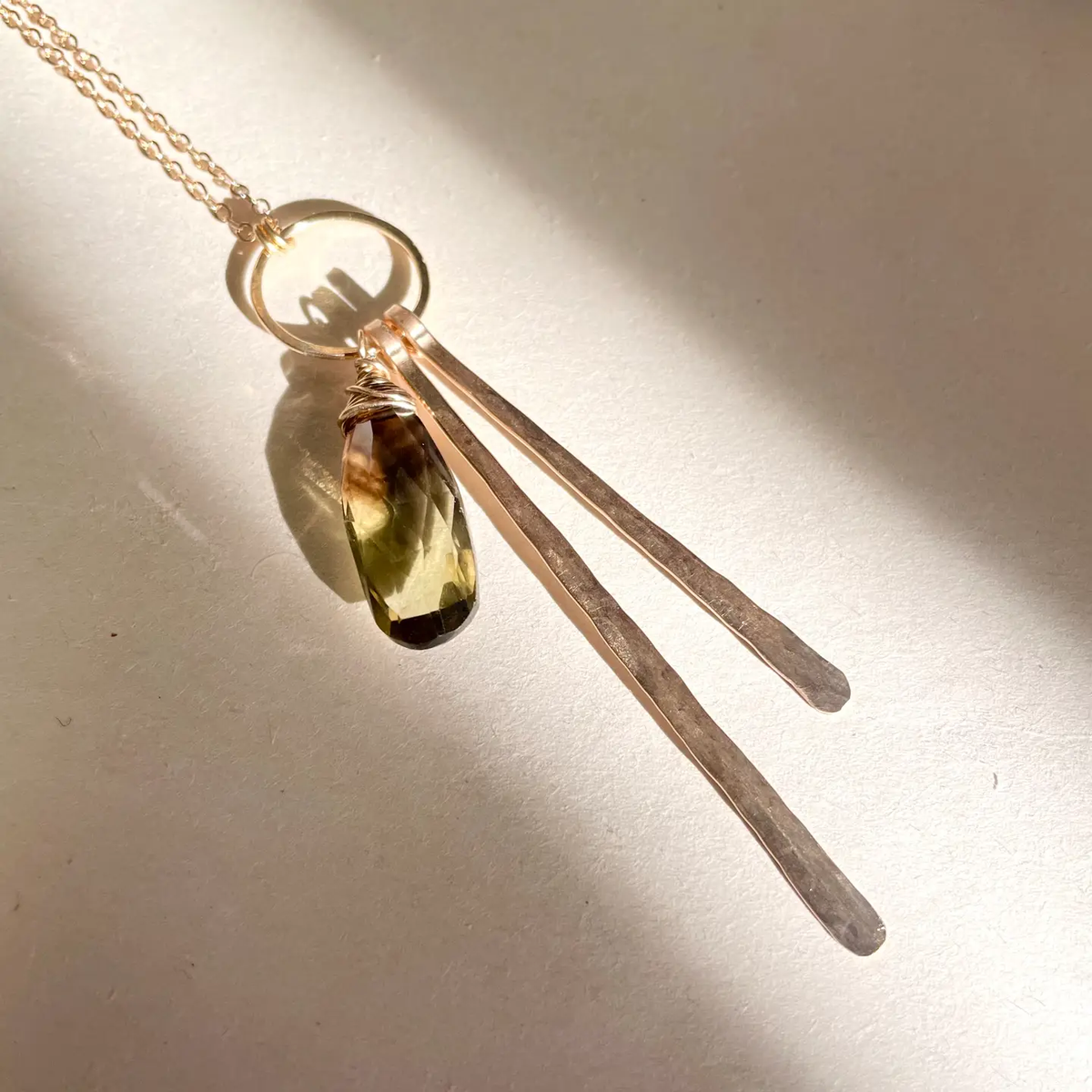 Bi-Color Lemon Quartz Stick Necklace: Gold Filled