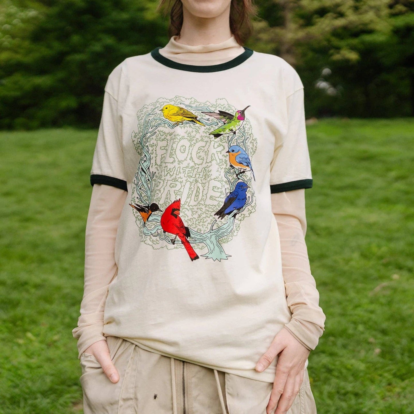 Flock With Pride Ringer Tee: Ivory / L