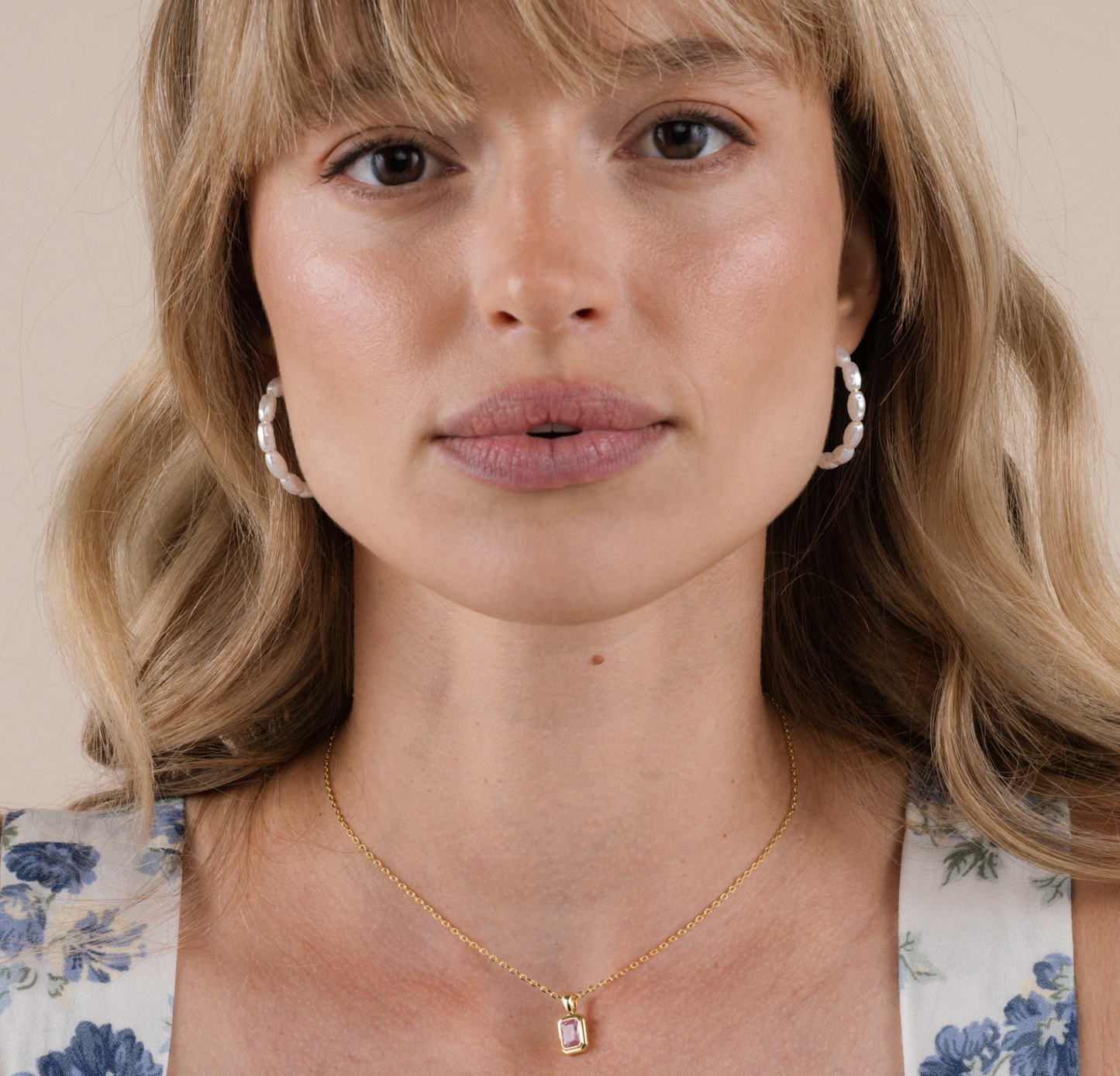 Rectangular Gold Baguette Pendant Necklace - Light Pink Gem