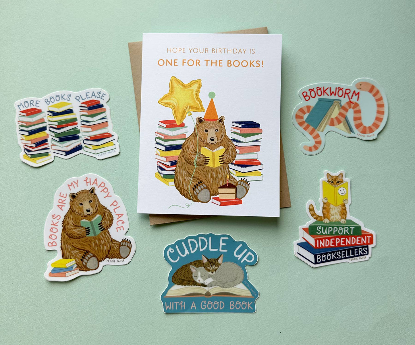 Reading Bear with Books and Cake Birthday Card