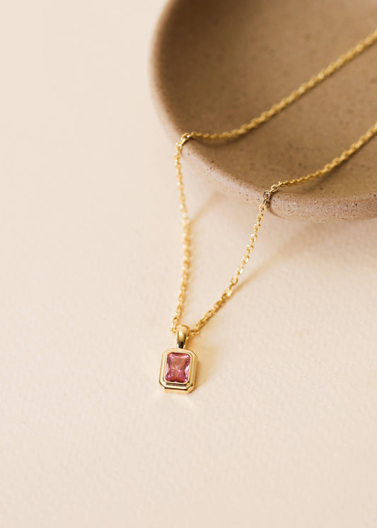 Rectangular Gold Baguette Pendant Necklace - Light Pink Gem