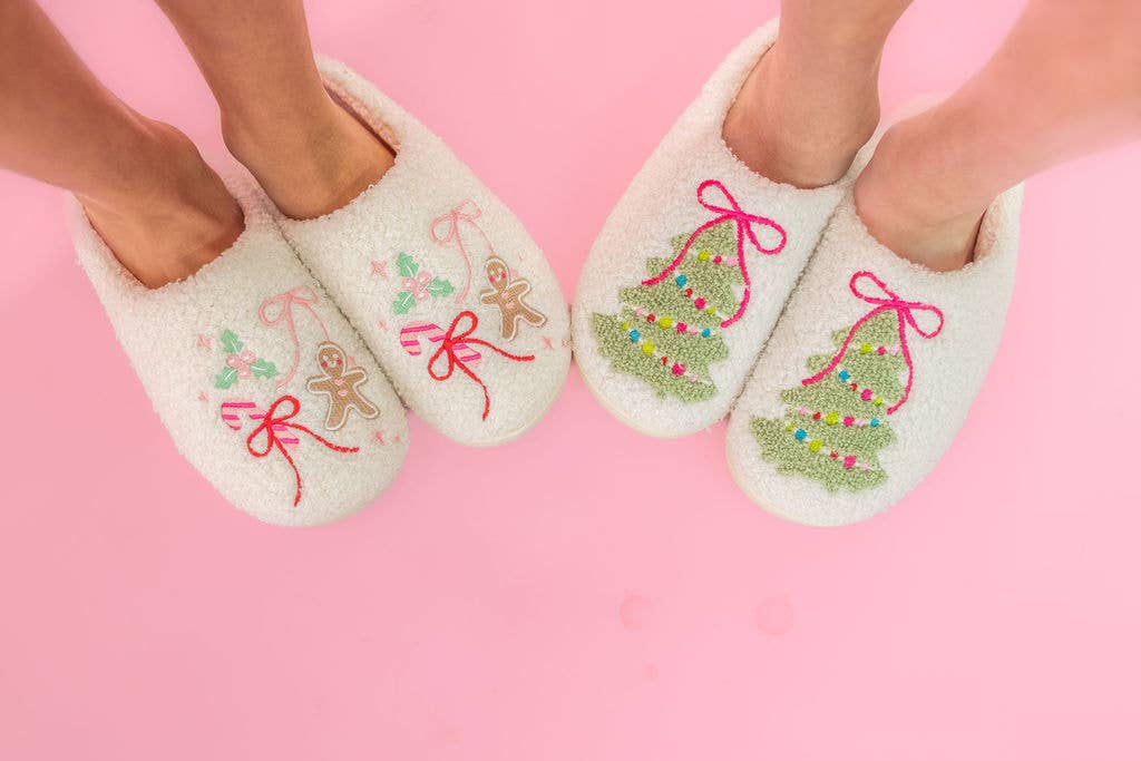 Pink Bow Christmas Tree Slippers - Adult - Medium