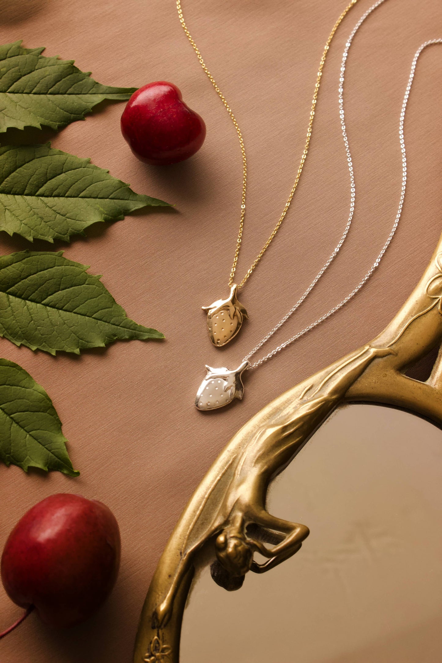 Strawberry Pendant Necklace, Layering, Fruit Jewelry, Cute : 14K Gold-Fill 16.5" / Shiny Yellow Bronze