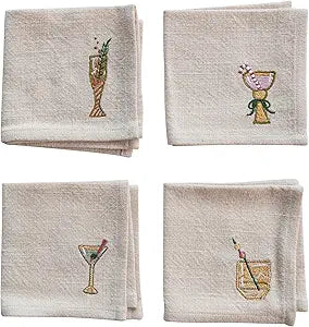 Square Cocktail Napkins With Embroidered Cocktail | Set of 4