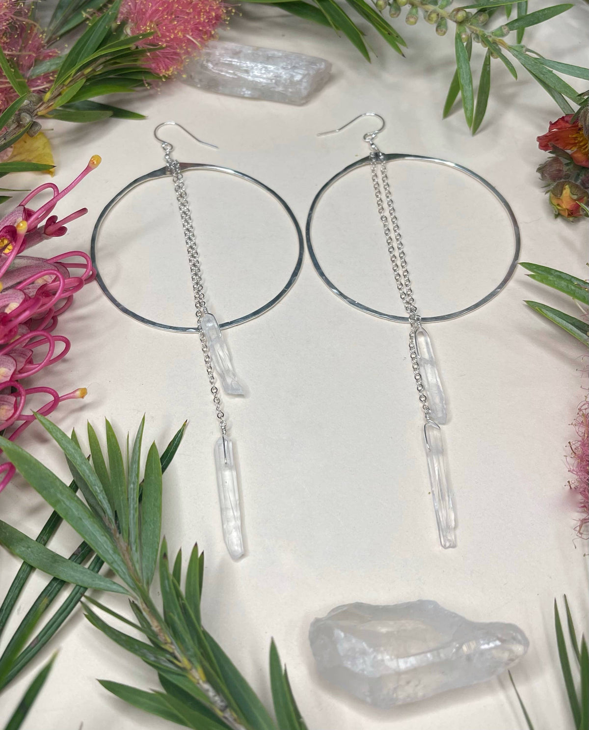 Double Quartz Hammered Hoops: Sterling Silver