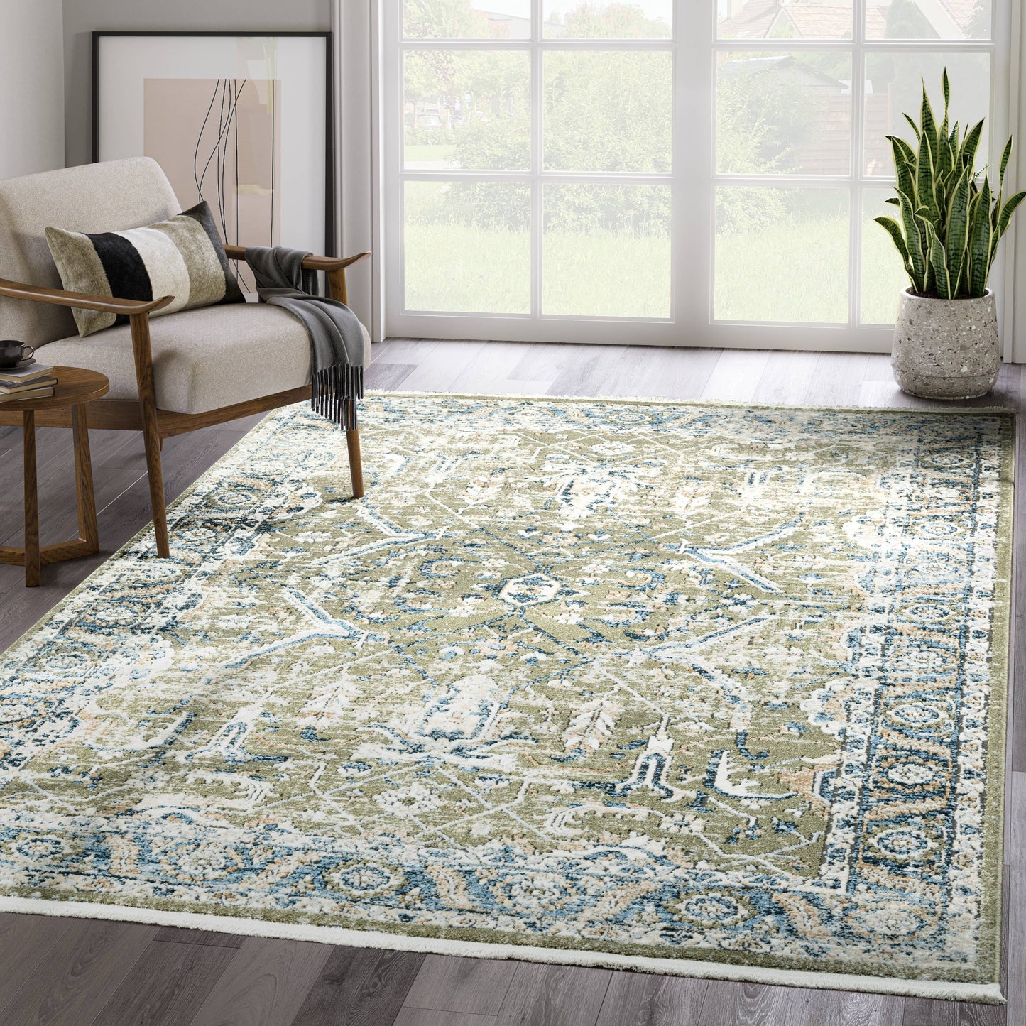 Abani Savoy Vintage Green Blue Area Rug: 6' x 9'