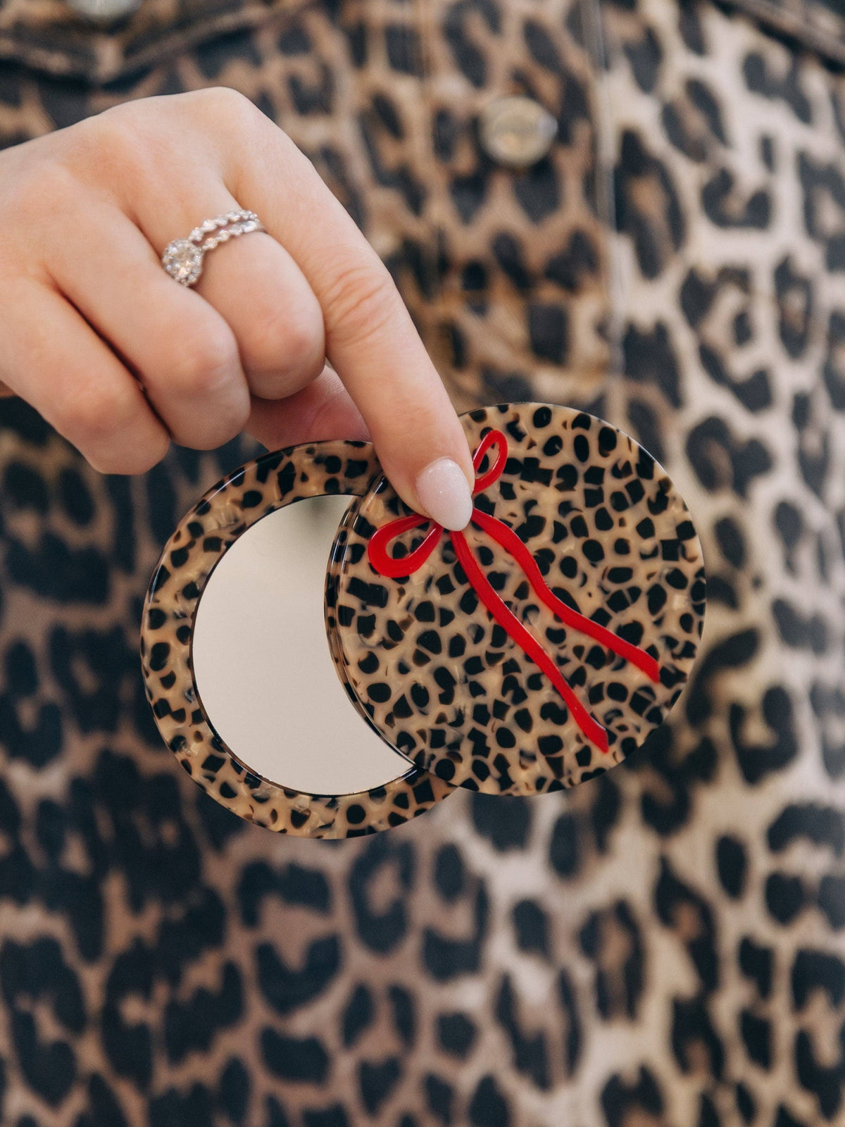 Hand-painted Leopard Bow Compact Mirror | Eco-Friendly