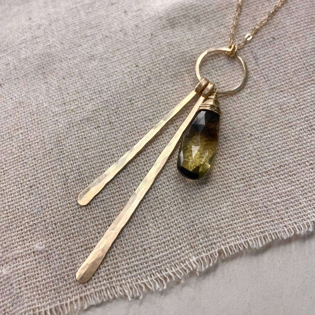 Bi-Color Lemon Quartz Stick Necklace: Gold Filled