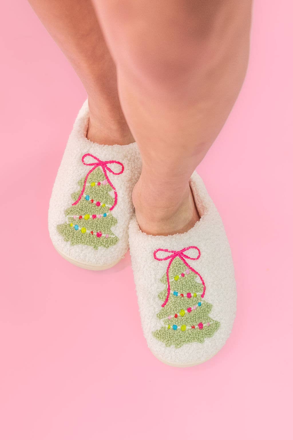 Pink Bow Christmas Tree Slippers - Adult - Small