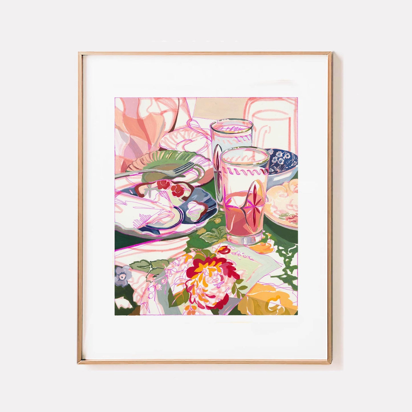 "Brunch Party" Pink Retro Still Life Signed Giclee Print: 11x14"