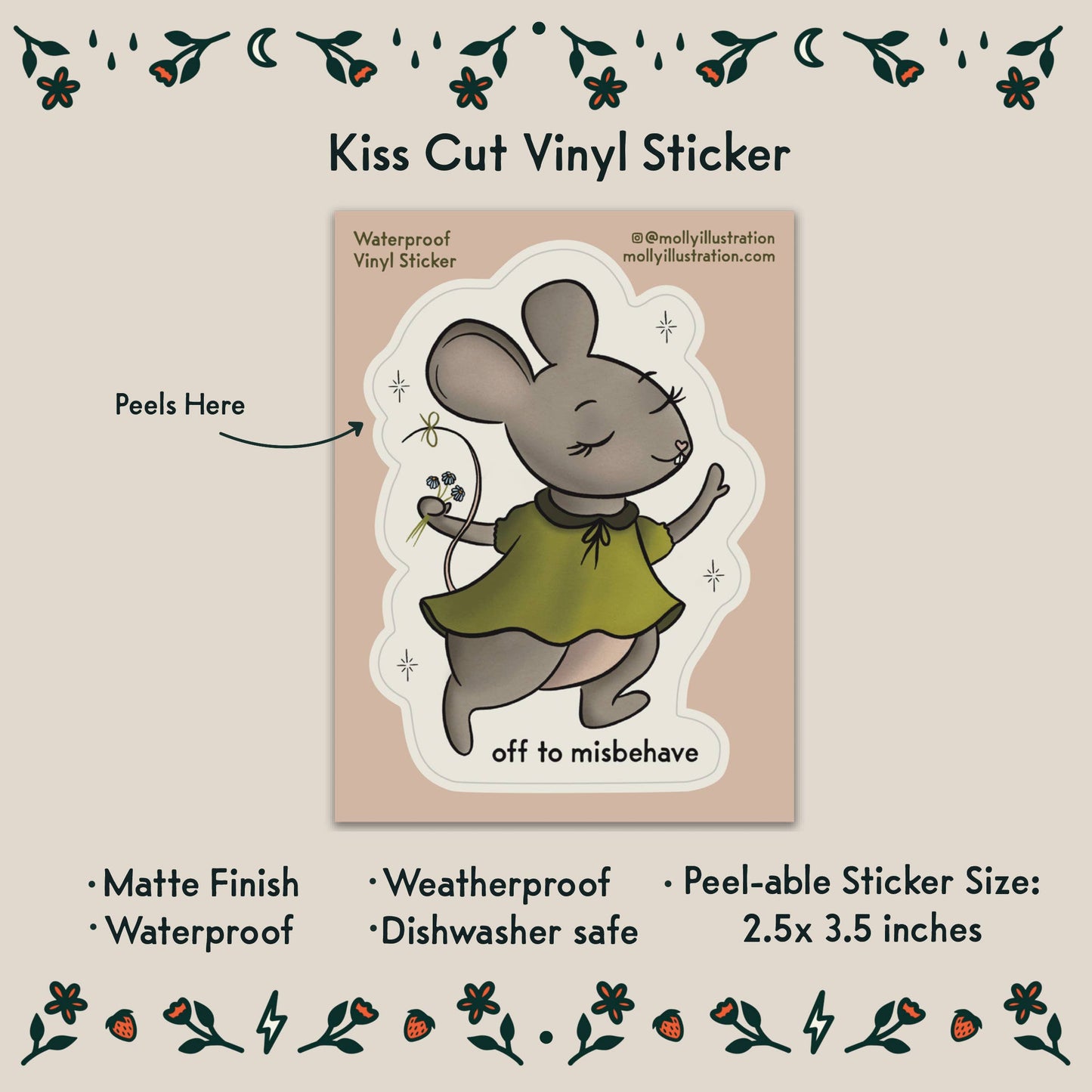 Off to Misbehave Mouse Cartoon Waterproof Vinyl Sticker