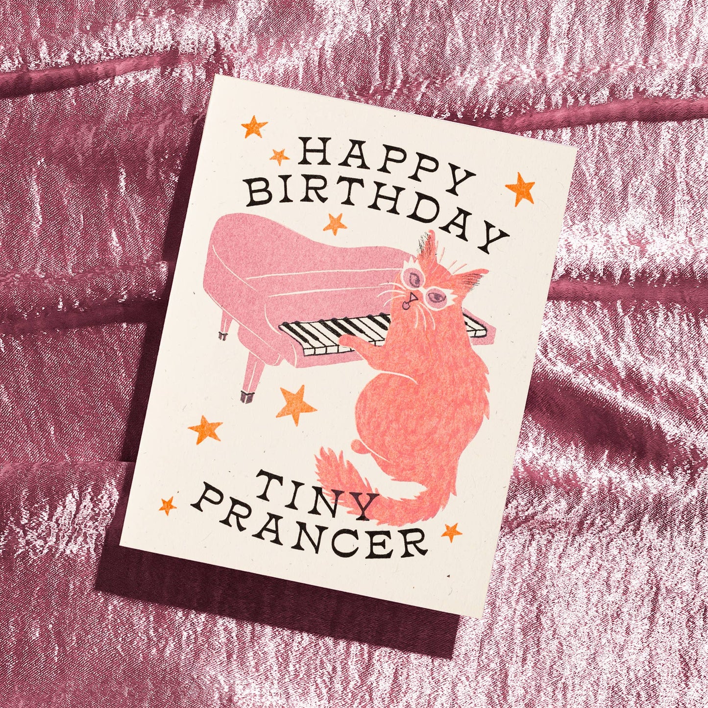 Happy Birthday Tiny Prancer Cat - Risograph Card