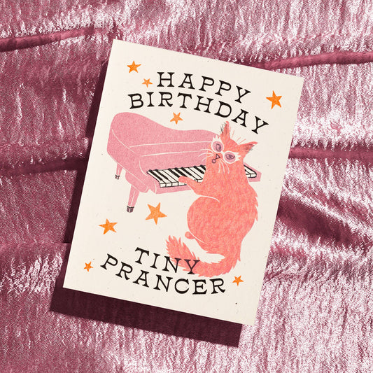Happy Birthday Tiny Prancer Cat - Risograph Card