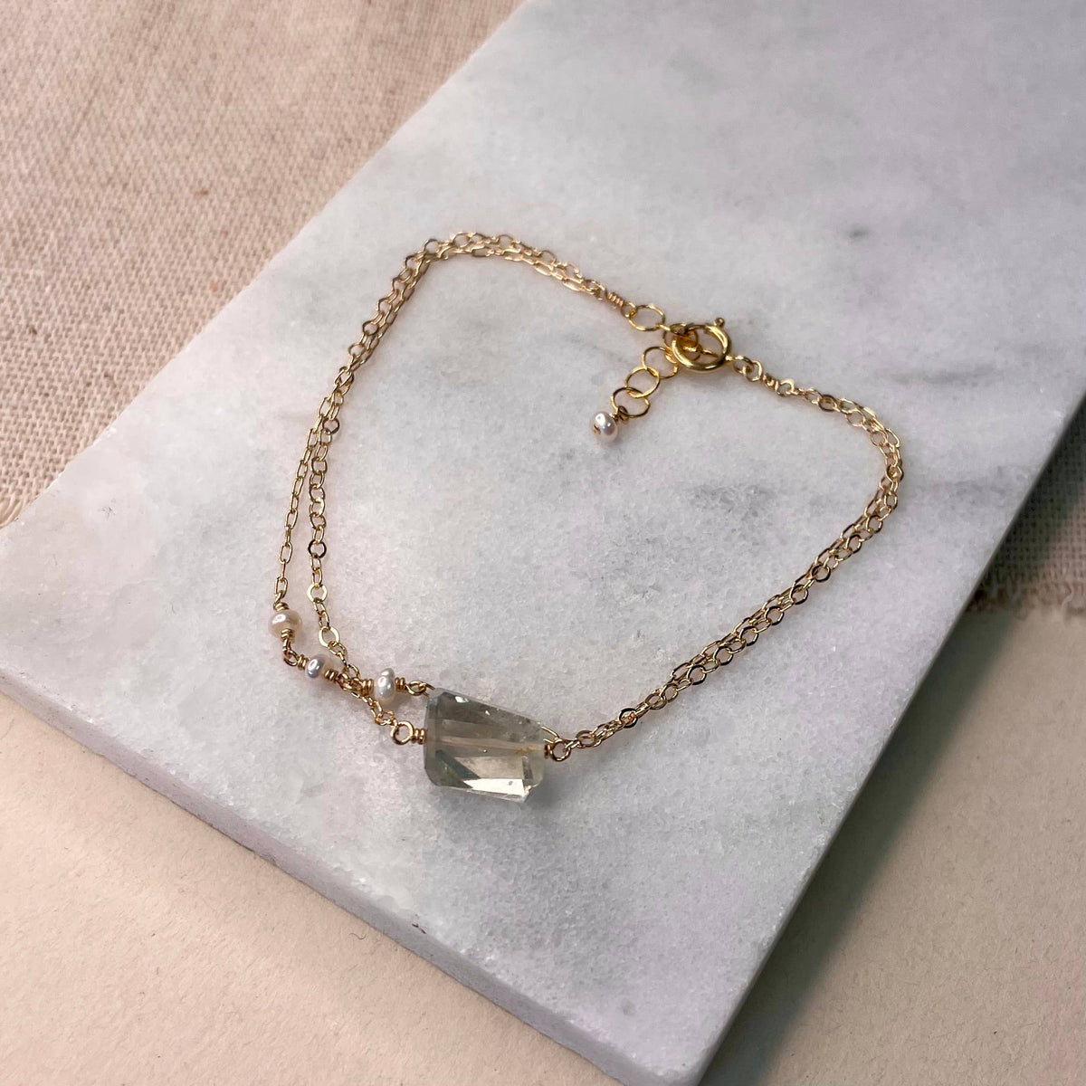 Green Amethyst and Pearl Bracelet: Gold Filled