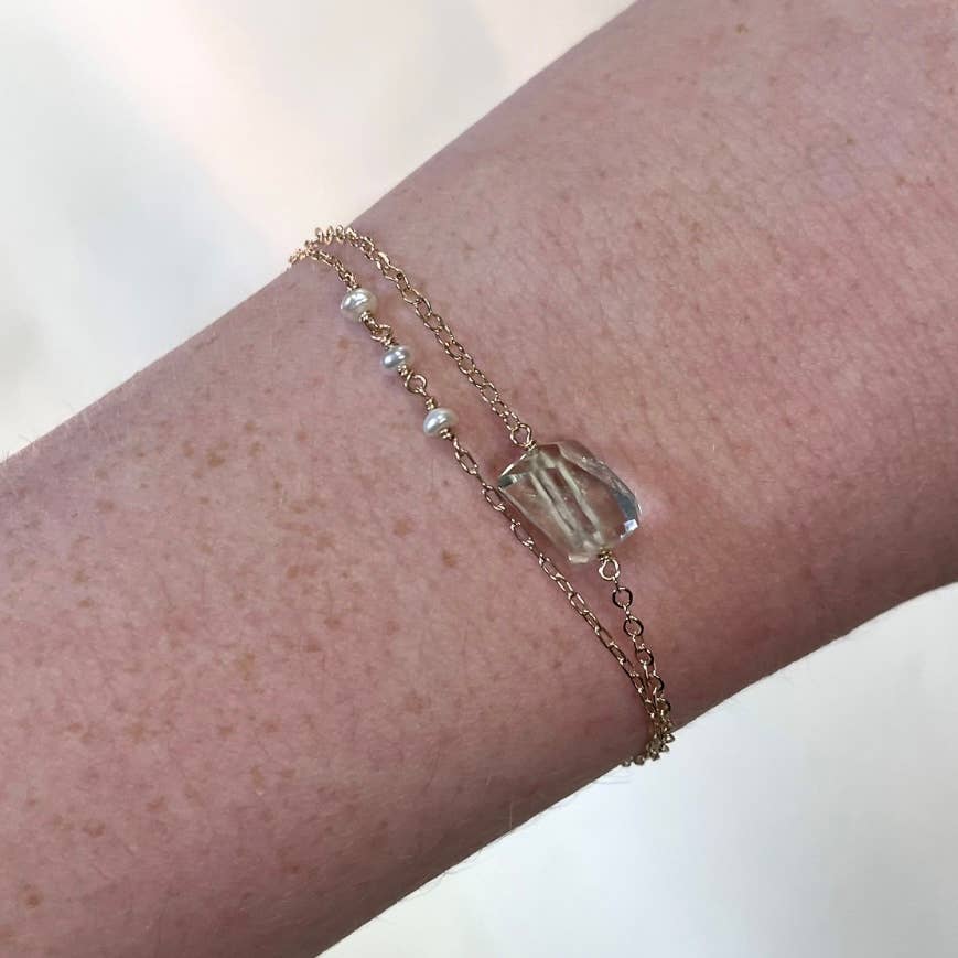 Green Amethyst and Pearl Bracelet: Gold Filled