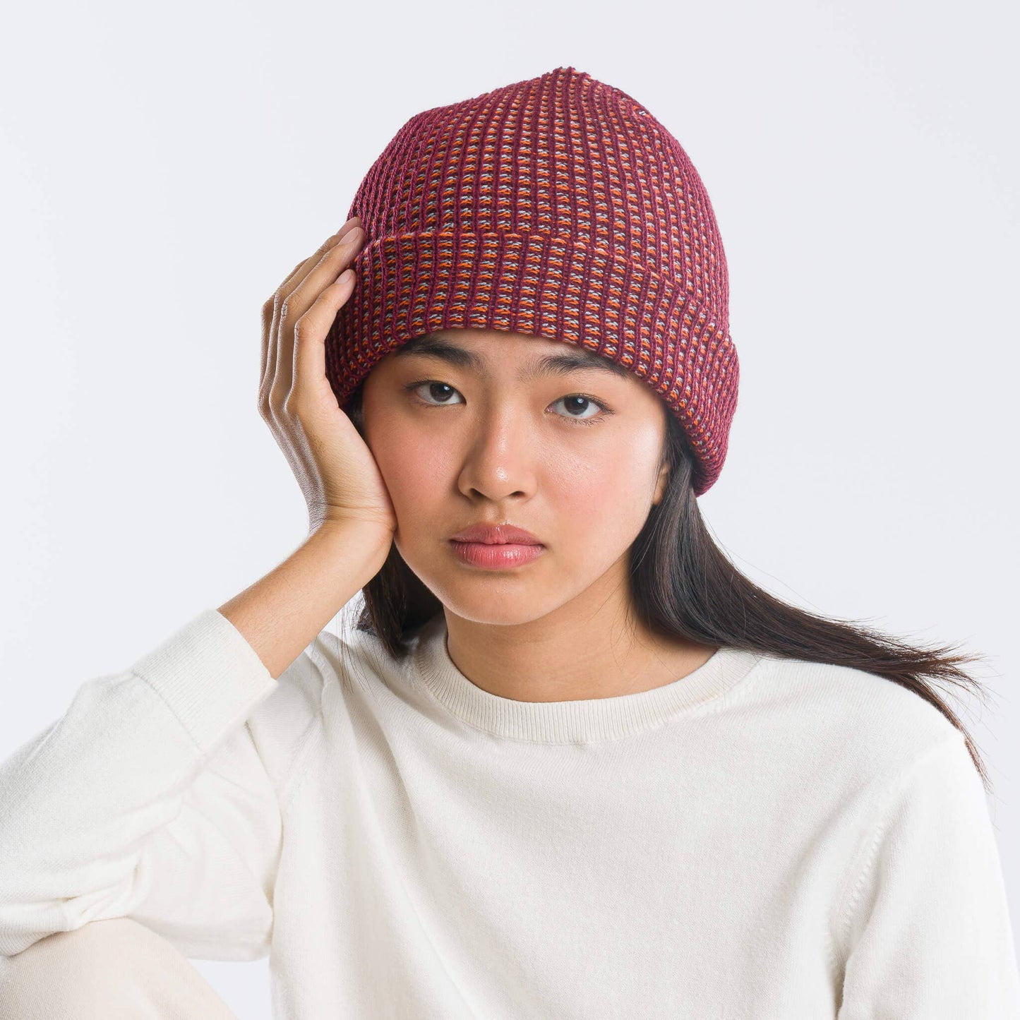Simple Grid Knit Beanie | Wine Red