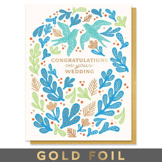 Bird Wedding Congratulations Card with Gold Foil