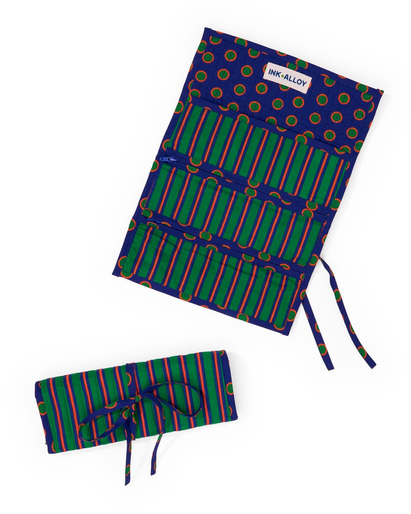 Maddie Jewelry Roll Navy, Green Stripes