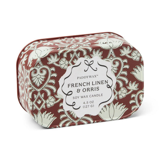 Paddywax 4.5 oz Cherie Printed Tin Candle | French Linen & Orris