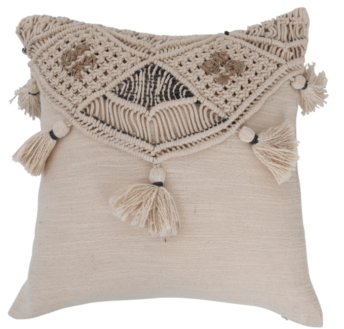Woven Cotton & Jute Macrame Pillow with Tassels
