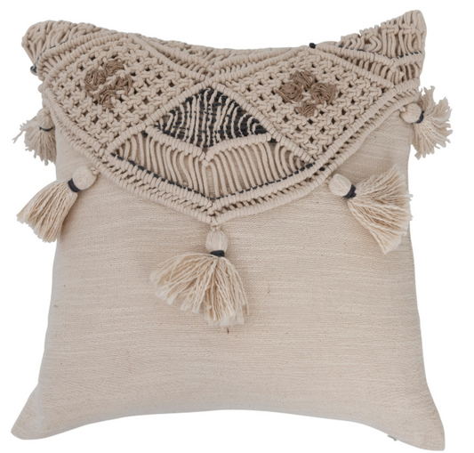 Woven Cotton & Jute Macrame Pillow with Tassels
